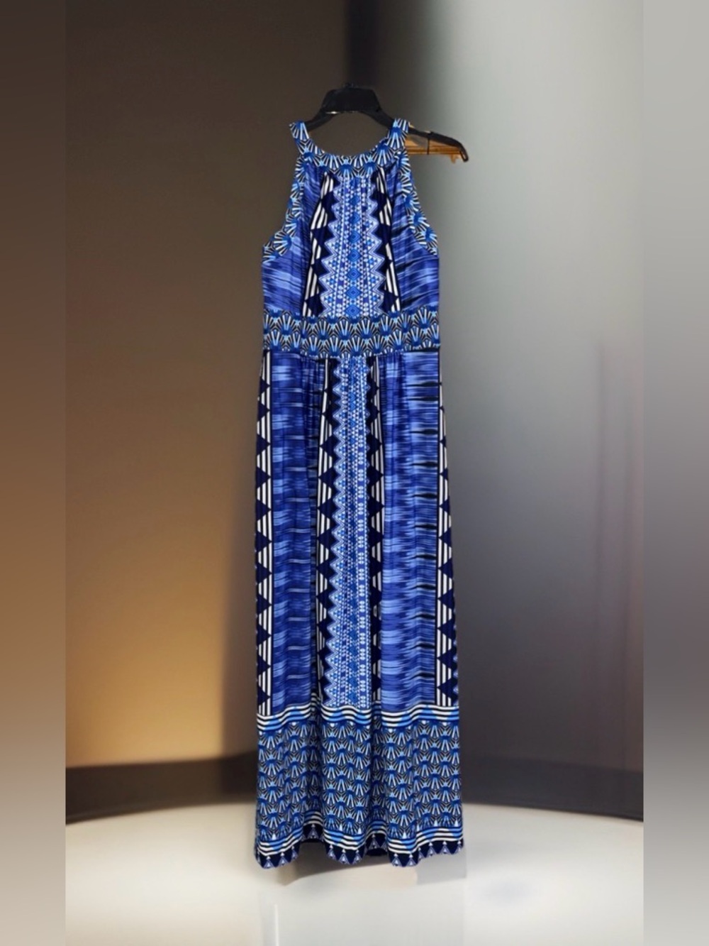 NwoT RN Studio Women’s Blue Geometric Print Halter Maxi Dress-M
